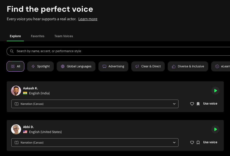 Screenshot of the WellSaid Voices page