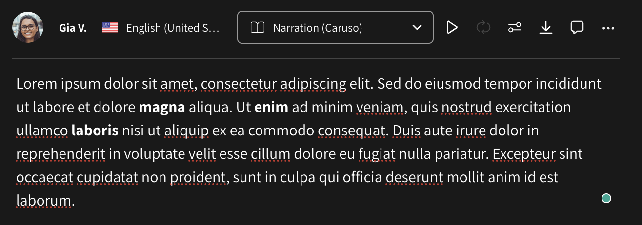 Screenshot showing bold replacement words in the WellSaid Studio editor