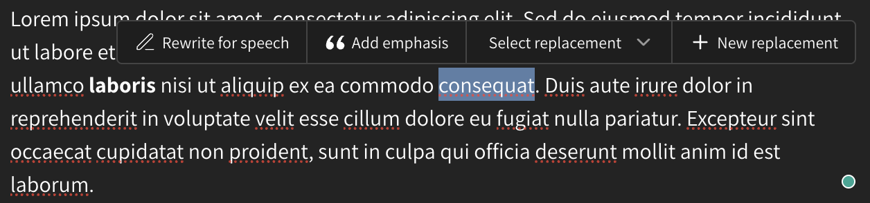 Screenshot of the Smart Toolbar showing replacement options in WellSaid Studio