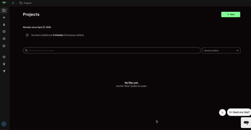 Animated GIF showing how to create a new project in WellSaid Studio