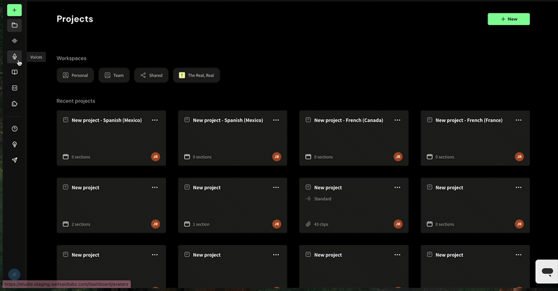 Animated GIF showing how to browse, filter, and favorite voices on the Voices page in WellSaid Studio