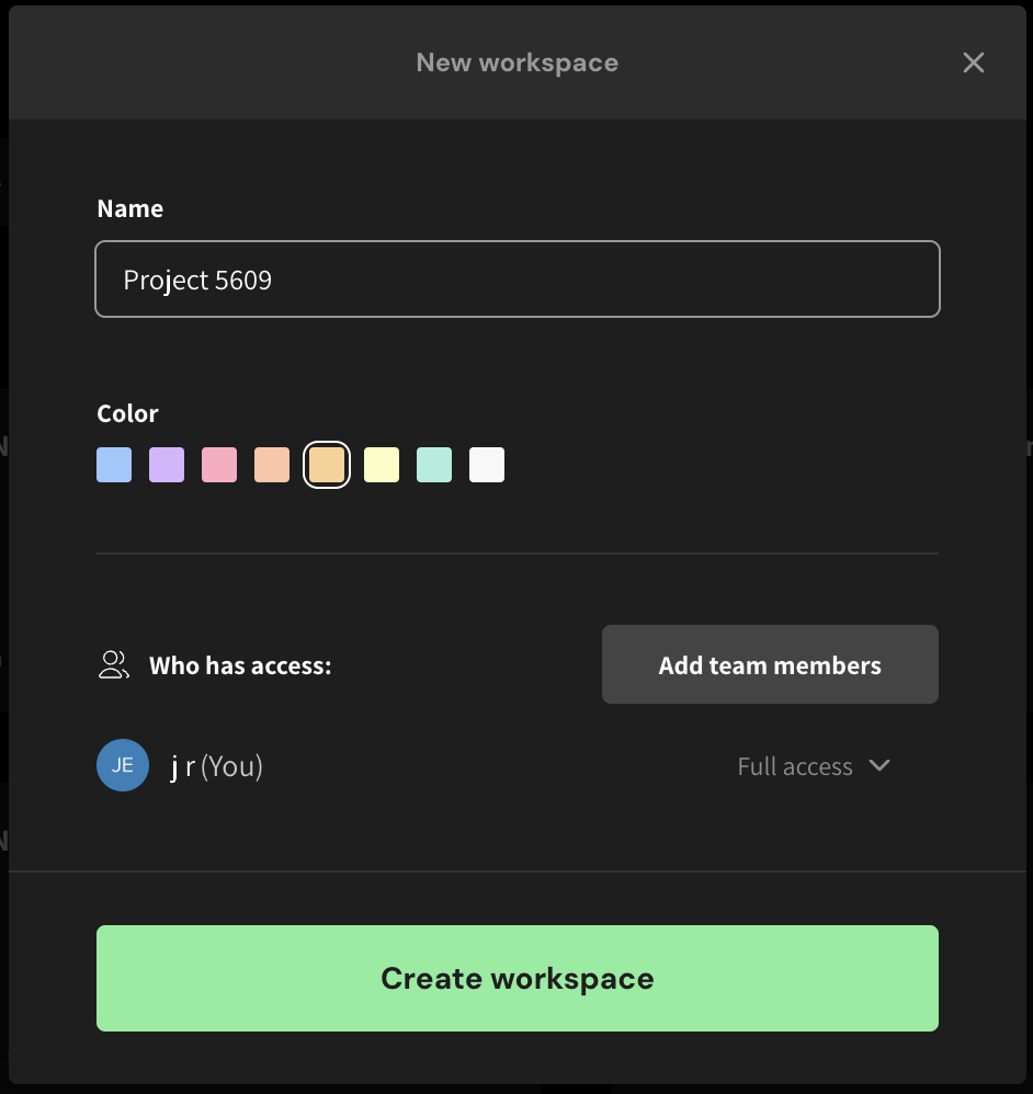 The Create Workspace modal showing a name field and color selector for the workspace icon.