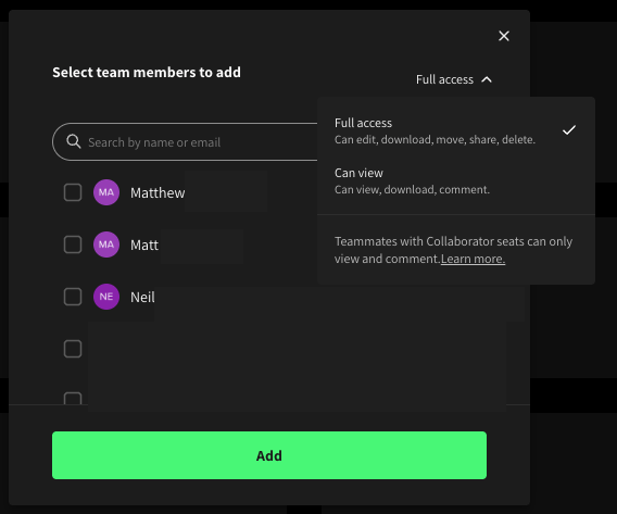 The Add team members panel inside the Create Workspace modal, showing Full Access and View Only permission options.